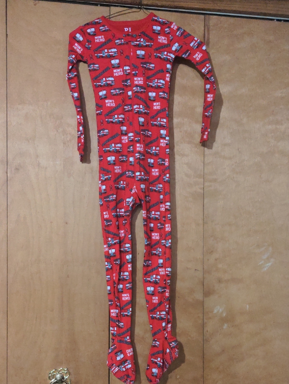 Mom's Hero Red Fire Truck Print Kids Footed One-Piece